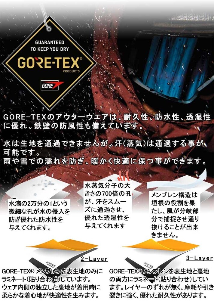 素材|防水性・透湿性に優れた「ゴアテックス」がおすすめ