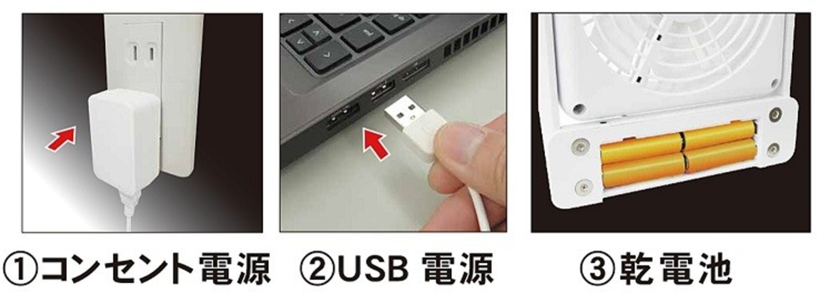 給電方法|パワフルなコンセントとパソコン作業にぴったりのUSB、持ち運びに便利な乾電池