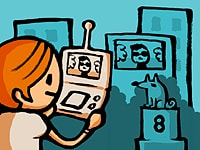 ニンテンドーDSを持って、お外でテレビを見る図