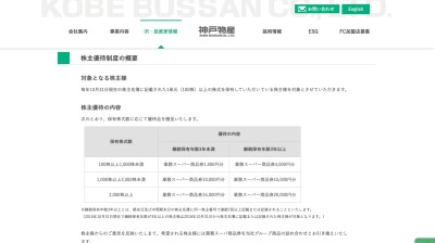 株式会社神戸物産の株主優待（神戸物産のホームページより）