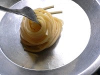 スパゲッティをフォークで適量すくい取り、皿の上でグルグル巻きにする。