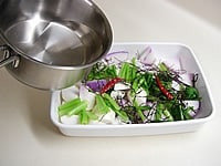 ホーロ容器や広口瓶に切った野菜と糸昆布、鷹の爪を入れ、冷めた塩水を注ぎます。<br />