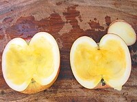 りんごをよく洗い、縦半分に切ります。切り口と平行になるようにしてりんごカップの底を切り、カップが倒れないようにします。<br />
りんごの切り口に箸か楊枝でくり抜く部分に印をつけ、スプーンでくり抜き、りんごカップを作ります。<br />