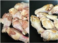 深めのフライパンや中華鍋にサラダ油をひき、中火にかけます。油が熱したら、鶏肉を皮目から入れます。約2分後、焼き色がついたら、反対に返し、また2分焼きます。<br />