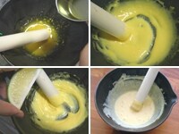 3にオリーブオイルを少しずつ加え、分離しないようによく混ぜます。だいたい４から５回くらいに分けて加えると、混ぜ合わせやすいです。<br />
<br />
完全に混ざったところにレモン汁、塩、こしょうを加え、水っぽさがなくなるまでよく混ぜればアイオリソースのできあがりです。