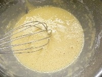 計量カップに重曹を入れ、少量の水を加えて混ぜて溶かし、残りの水を加えて100ccにする。 ボウルに卵と砂糖を入れて混ぜる。（卵と砂糖がなじむ程度）次に、しょう油、みりん、重曹水を加えて混ぜ、薄力粉をふるい入れて混ぜ、30分休ませる。