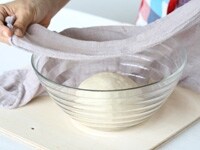 中ボウルに入れて、水にぬらして固く絞った布巾をかけて一次発酵させる。オーブンに発酵機能があるなら30℃で約50分。25℃～30℃の室内なら、1時間～1時間半、生地の大きさが2倍くらいになるまでおく。<br />