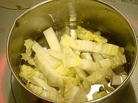 鍋に白菜を入れ、ひたひたの水を加えて強火にかけ、沸騰したら中火でコトコト10分ほど煮ます。<br />