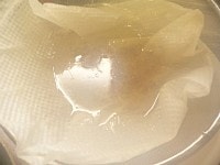 こしザルにペーパータオルを敷いて、ゆで汁を流し入れてこし、ペーパーの上に脂分が残ったところで捨てる。<br />