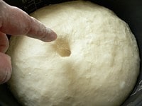2～2.5倍の大きさになったら指に粉をつけて押してみる。指穴がそのままなら一次発酵終了。周囲にしわができ、指で押した時に生地がプシュプシュと沈むようなら発酵し過ぎ（パサついたパンになる）。<br />
<br />