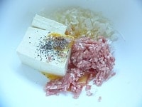 ボウルに豆腐、ひき肉、長ネギ、卵、塩、こしょうを入れ、手でよく混ぜる。<br />