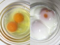 耐熱ボウルに水1/2カップ（100ml）を入れ、卵2個を割りいれます。黄身を竹串などでさします。<br />
そのまま（ラップはかけずに）600Wのレンジで2分10～20秒加熱し、やや半熟状態とします。とりだしたら、水気を切ります。