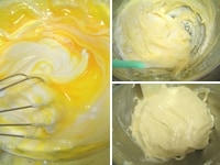 溶いた卵黄を加え、泡立て器でサッと混ぜます。 薄力粉を加え、ゴムベラで粉っぽさがなくなるまで、サックリと混ぜ合わせます。<br />