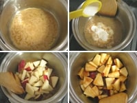 リンゴよく洗い、皮をつけたまま、小さく、薄い、いちょう切りにします。 <br />
<br />
小鍋にバターと砂糖を入れ、中火にかけ、砂糖を溶かします。砂糖が溶け、ふちが薄いキャラメル色になったところで、生クリーム、リンゴを加え、キャラメルをからませます。これもよく冷まします。