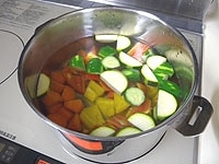鍋に水と塩大さじ1を加え、沸騰したら野菜類を加え30秒ほどさっと茹でます。