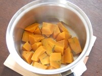 全分量のかぼちゃを皮をむき、一口大に切り、鍋に入れてます。水を3ｃｍほど入れたら火にかけて、蒸し煮にします。<br />
<br />
ロールケーキ用のかぼちゃは裏ごしし、デコレーション用は１cm角に切ります。<br />
<br />