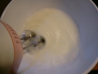 ボウルに卵白と塩を入れ、ハンドミキサーで全体が白い泡で覆われるくらいまで泡立てる。<br />