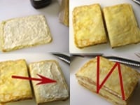 クレープ生地にクリームチーズフィリングを薄くぬり、クレープを重ねます。これを続けます。 重なったクレープ生地を半分に切ります。 切り分けた片方にクリームチーズフィリングをぬり、もう片方をのせます。 それを2等分し、それぞれを対角線上で切り分けます。すると、三角形のミルクレープができます。
