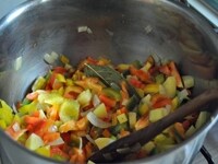 1に細かく切ったジャガイモを入れてさらによく混ぜ炒めて、細かく切ったパプリカも入れあわせて混ぜ炒める。