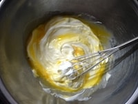 マスカルポーネチーズを、滑らかなクリーム状になるまでゴムべらで練ります。<br />
<br />
卵を卵黄と卵白に分けます。<br />
<br />
卵黄をマスカルポーネチーズに加え、完全に混ざるまでゴムべらでよく混ぜます。