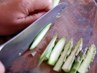 穂先を切り落とし、縦半分に切ります。残った茎の部分は3-5mm幅の斜め切りにします。				生姜も皮をむき、千切りにします。<br />
<br />
小鍋にだし・薄口しょうゆ・みりんを合わせてサッと煮て浸し汁を作ります。<br />