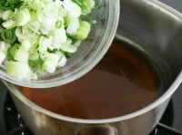 小鍋にだし・薄口しょうゆを煮立て倍量の水で溶いた片栗粉を加えてとろみをつけ、小口切りにした九条ねぎを加えてさっと煮る。4を器に盛りあんをかける。