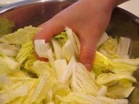 切った白菜に塩を振り、全体を手でもみます。しんなりしてくるまで。水が出ても気にせずに。