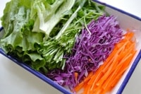 野菜とミントは水洗いしたら水気をペーパーなどで拭き取る。レタスは2～3つにちぎって分ける。にんじんと紫キャベツは千切りにする。水菜は根元を切って8～9cm程度の長さに切る。