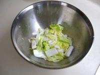 白菜は洗い5センチ長さのざく切りにします。塩をふりかけて15分ほどおきます。<br />