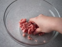 ボウルに豚挽肉、分量外の塩ひとつまみを加えて粘り気が出るまで混ぜ合わせます。
