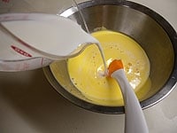 クリーム状の卵黄に牛乳を少しずつ加え混ぜ合わせます。