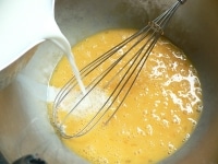 卵を溶きほぐして（3）を加え、バニラエッセンスを混ぜる