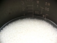 もち米をといで、少なめの水加減(1合の線より3mmほど下まで)をして、3時間～一晩浸けて置いて、炊く。<br />