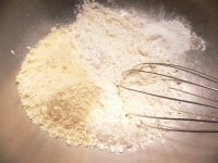 ボウルに薄力粉とベーキングパウダーを入れ、泡立て器でグルグル混ぜる。続けて、アーモンドプードル、砂糖、塩を入れてグルグル混ぜる。<br />