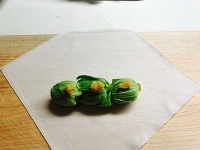 春巻の皮の真ん中より下に具を置きます。山菜の上に味噌をのせ、下端を折ります。