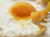 卵黄は、フォークで切って、刺して持ち上げられる。