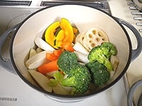 野菜を切り水気を切らずに鍋に入れ、軽く塩、コショウを振る