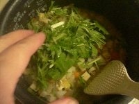 2cmに切った水菜を加えてざっくり混ぜ、しゃきしゃき感をプラスする。器に盛って、白胡麻を手で揉み潰しながらふりかける。レンゲかスプーンで食べる。 
