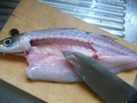 魚は背から包丁を入れて開き、内臓を取り除いて、キッチンペーパーで血などをよくふき取る。