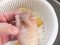 もち米の水を切る。いかの胴体の7～8分目ぐらいまでもち米を詰め、ツマヨウジで縫うようにして閉じる。<br />
<br />