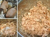 炊き上がったご飯をさましながら、粉末すし酢を混ぜ込みます。焼けた鮭の身を箸でほぐし、ボウルに入れ、塩を小さじ2加え、よく混ぜます。<br />