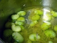 3のそら豆にオリーブオイルがまとわりついたら、塩をひとつまみ入れ、ひたひたになるまで水を入れて、フタをし、5分程中火で煮る。