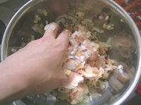ボールにひき肉、ねぎ、しいたけ、しょうが、みじん切りにした白菜の芯、片栗粉大さじ1、塩ひとつまみを加えて、粘りが出るまで手でよく練ります（<a href="/gm/gc/312822/">離乳食</a>で使います）。