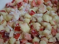 ネクタリンは表面をきれいに洗い、皮をむかずに使います。割って種を取り出し、さいの目切りにします。グレープフルーツは果肉だけを袋から取り出し、鍋に入れます。スプーンなどで軽く押して絞り、果汁を作ります。鍋にグレープフルーツと果汁、ネクタリン、そして砂糖を振りかけ、30分ほどおきます。
