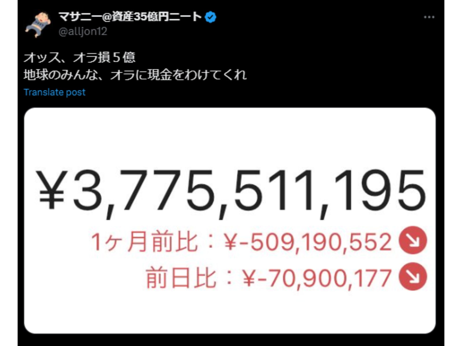 お値下げ致します❕3万円で SOLDしました。 生涯年収が一カ月で消滅」資産35億円ニート、株価暴落で膨大な損失額を